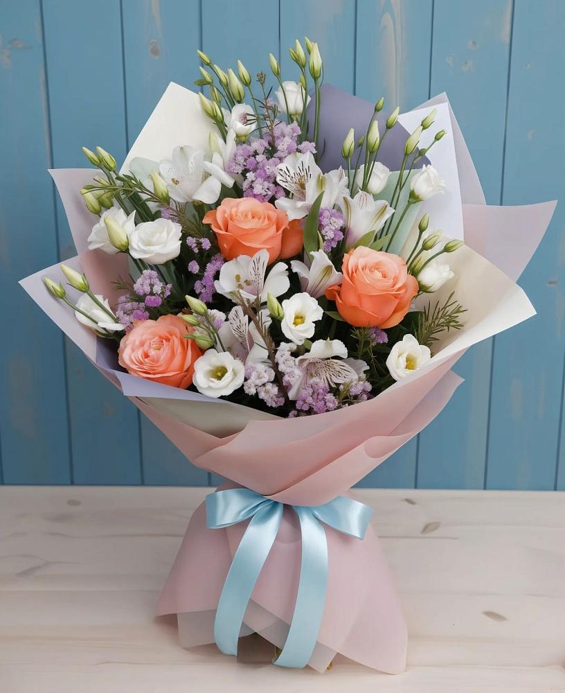 Букет цветов из: Лизиантусы, Розы, Альстромерии и Гипсофила в Волгодонске